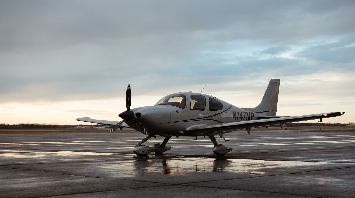 A Cirrus SR22 on a wet ramp at dawn